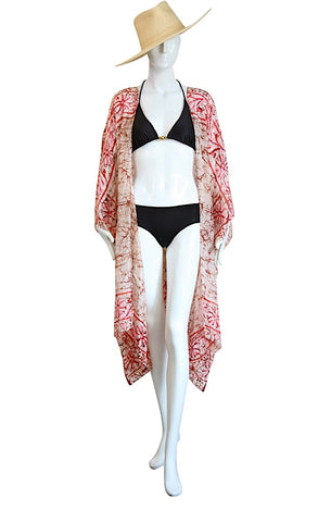 Knee Length Open Front Batik Kaftan - Red