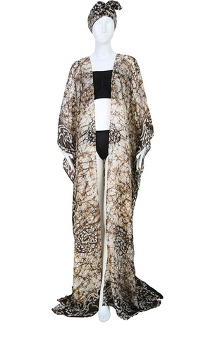 Floor Long Open Front Silk Kaftan - White/Blk Batik