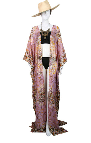 Floor Long Open Front Silk Kaftan - Lavender Batik