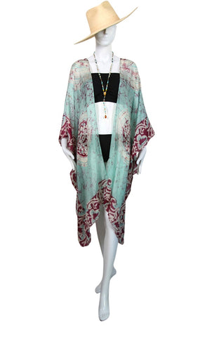 Knee Length Open Front Silk Kaftan - Aqua Batik
