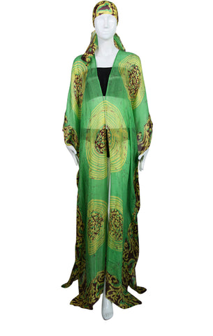 Floor Long Open Front Silk Kaftan - Green Batik