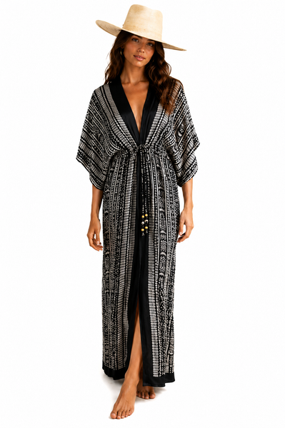 Silk Robe - Black Ikat