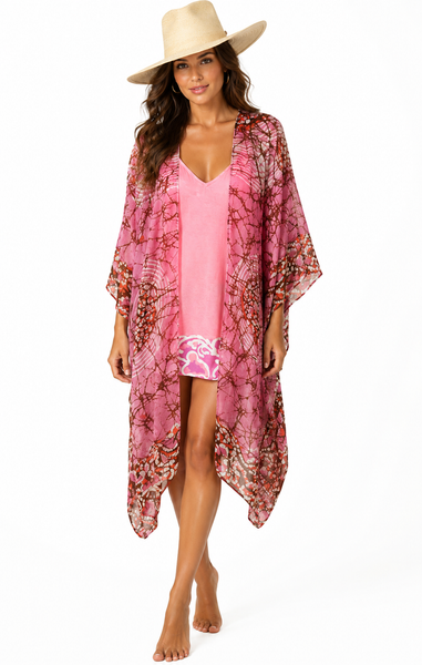 Knee Length Open Front Silk Kaftan - Pink Plum Batik