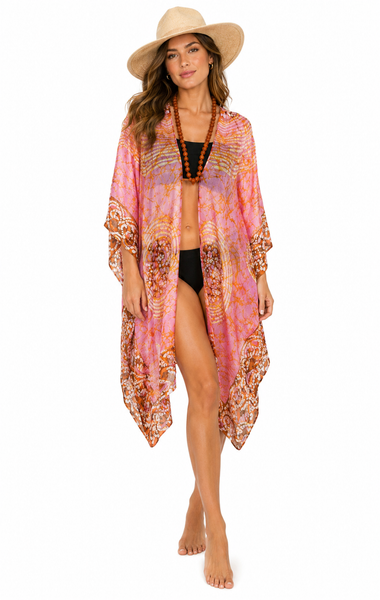 Knee Length Open Front Silk Kaftan - PinkGold Batik