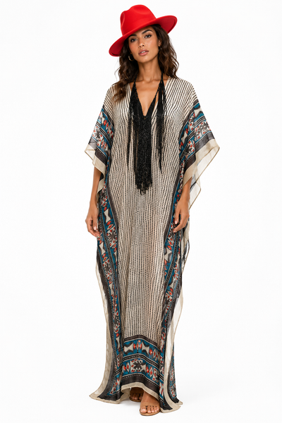Long Silk V-Neck Kaftan - Trigon
