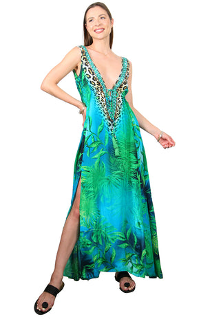 Tropical Palm - Drawstring Slit Dress