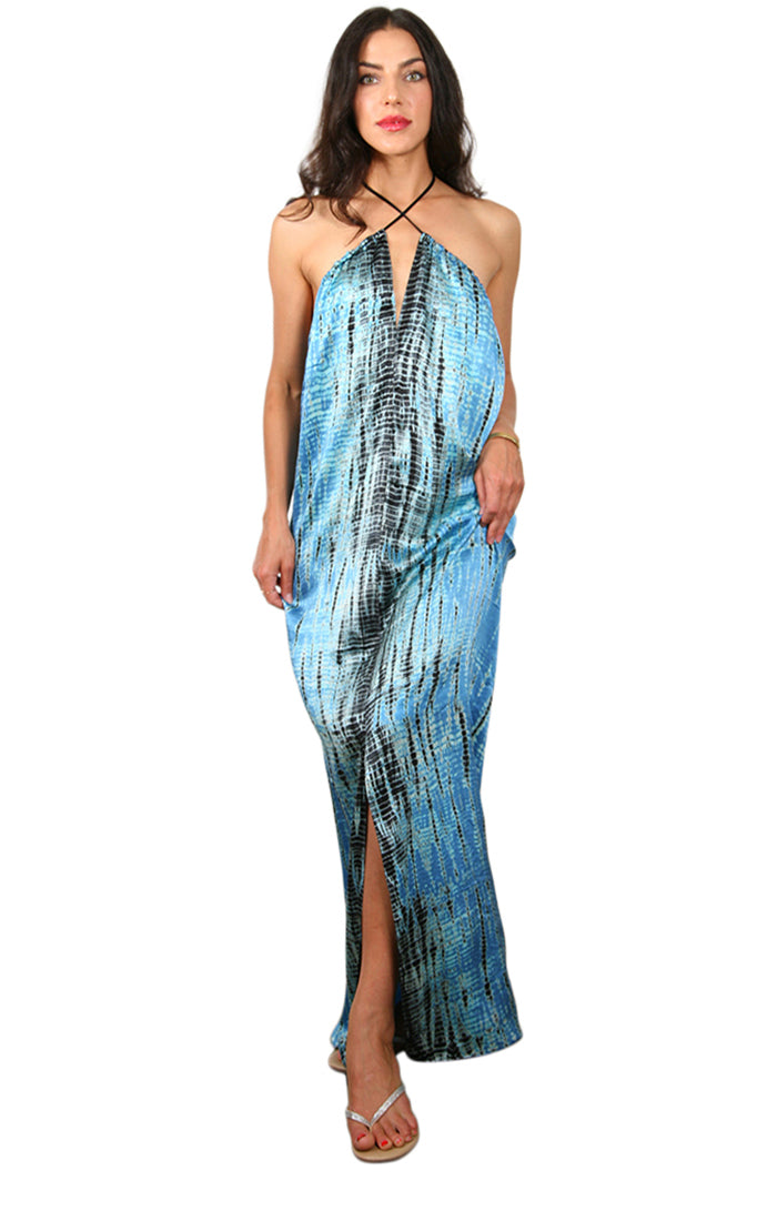 Long Tie Dye Silk Vacation Dress - Blue Long Tie Dye Silk Vacation Dress - Blue