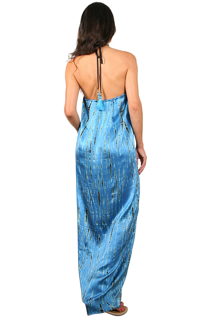 Long Tie Dye Silk Vacation Dress - Blue Long Tie Dye Silk Vacation Dress - Blue