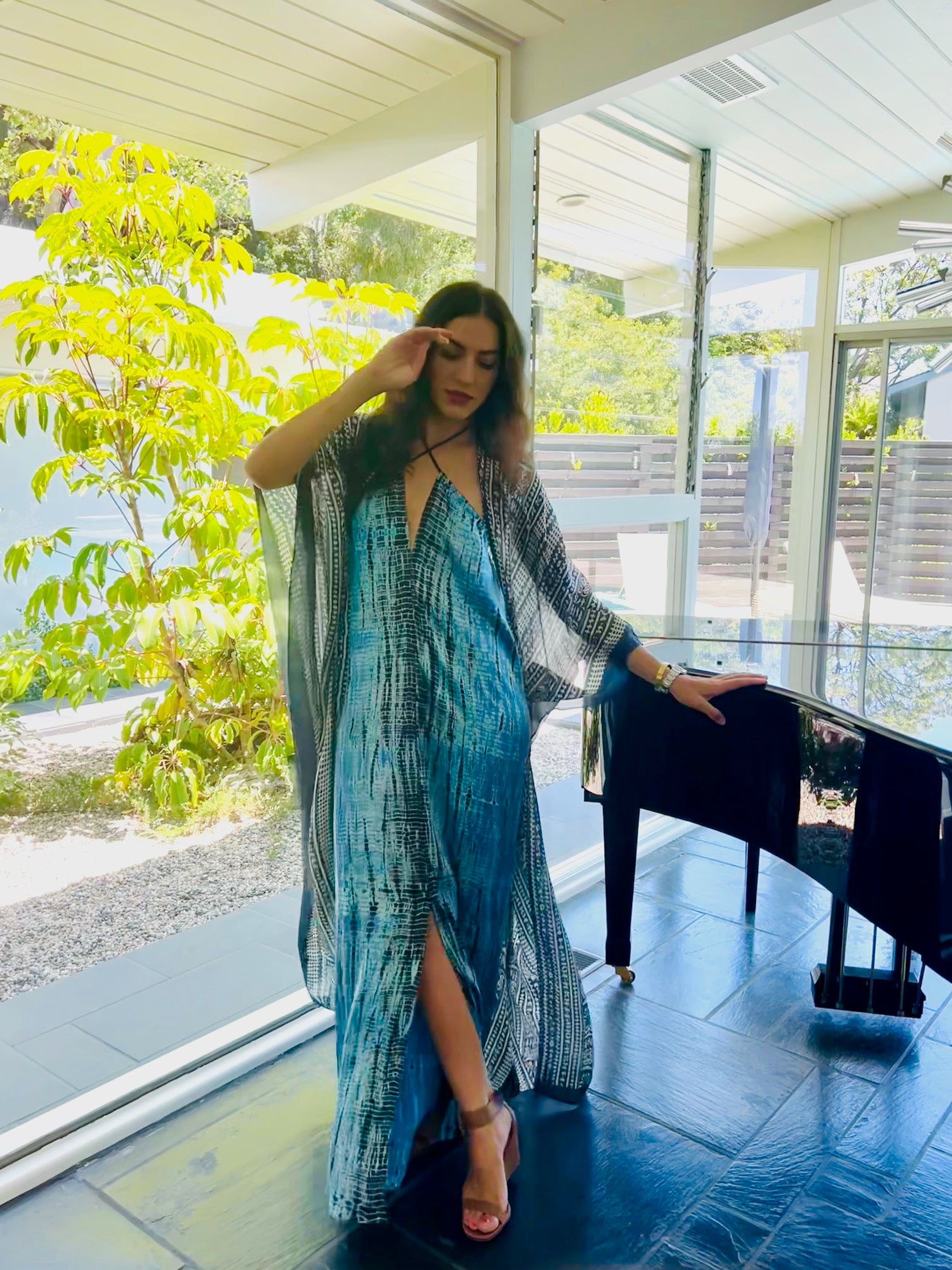 blue vacation dress Long Tie Dye Silk Vacation Dress