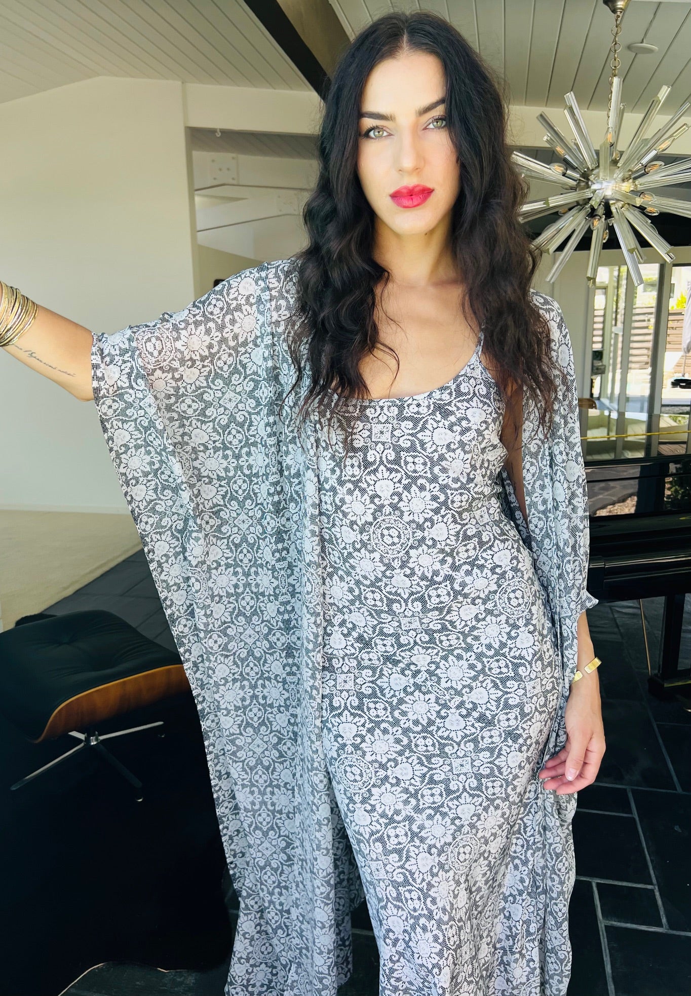 Long Open Front Kaftan - Lace Print Long Open Front Kaftan - Lace Print
