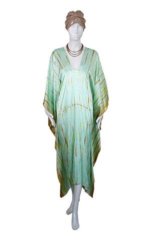 3/4 Long Silk V-Neck Kaftan - Aqua