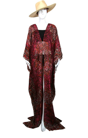 Floor Long Open Front Silk Kaftan - Plum Batik