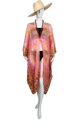 Knee Length Open Front Silk Kaftan - PinkGold Batik