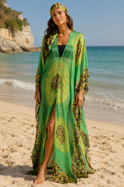 Floor Long Open Front Silk Kaftan - Batik