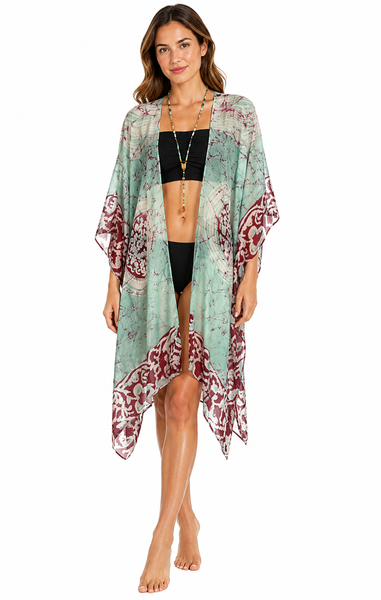 Knee Length Open Front Silk Kaftan - Aqua Batik