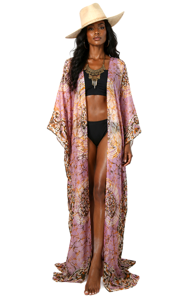 Floor Long Open Front Silk Kaftan - Batik