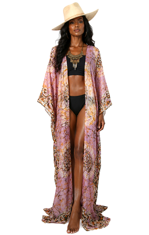 Floor Long Open Front Silk Kaftan - Batik