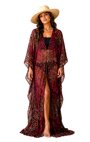 Floor Long Open Front Silk Kaftan - Batik