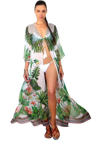 Banana Palm / White  - Side Drape Kaftan