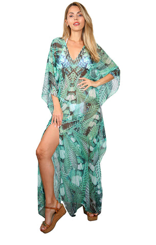 Green Feather - Slit Maxi Poncho